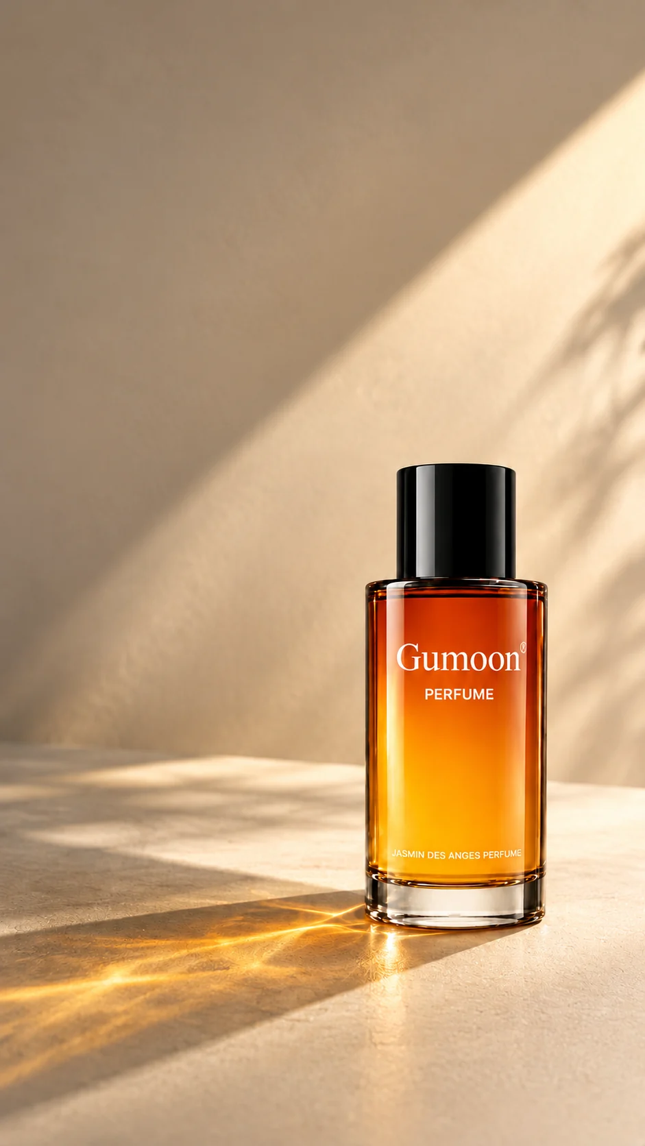 Amber Bloom perfume in a light and shadow setting